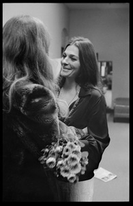 Unidentified woman greeting Judy Collins (right) in the sound studio while producing the first Crosby, Stills, and Nash album