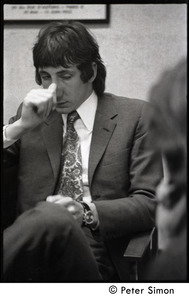 Pete Townshend: seated for an interview, looking exhausted