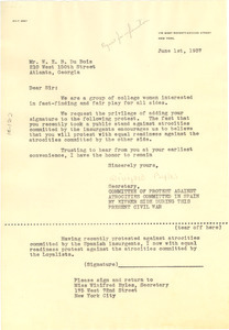 Letter from Committee of Protest Against Atrocities Committed in Spain by Either Side During this Present Civil War to W. E. B. Du Bois