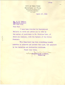 Letter from New York (N.Y.) Department of Parks to W. E. B. Du Bois