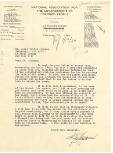 Letter from NAACP Los Angeles Branch to James Weldon Johnson