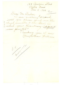 Letter from Lillian Williams to W. E. B. Du Bois
