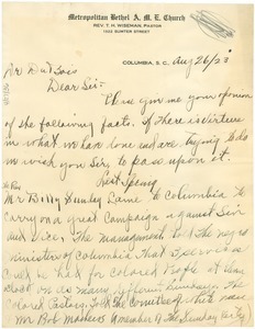 Letter from T. H. Wiseman to W. E. B. Du Bois