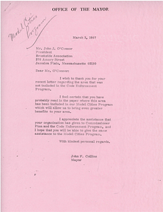 Mayor John Collins correspondence with the President of the Brookside Association John J. O'Connor