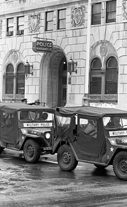 Military Police vehicles in front of Boston Police Headquarters on Berkeley Street