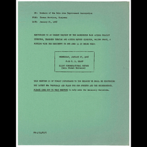 Memorandum from Thomas Morrison to Dale Area Improvement Association members concerning meeting to be held January 27, 1965