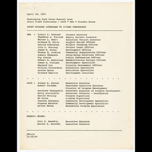 List of staff members scheduled to attend joint staff conference on April 16, 1964 and summary report of joint staff conference on April 16, 1964