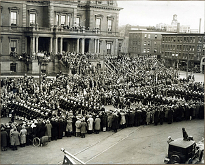 Sailors marching by City Hall, Armistice Day parade, Nov. 12, 1928