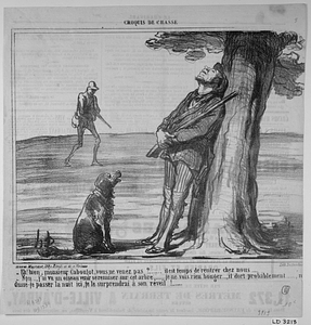 - Eh! bien, monsieur Caboulot, vous ne venez pas?........ il est temps de rentrer chez nous...... - Non..., j'ai vu un oiseau venir se remiser sur cet arbre,...... je ne vois rien bouger...., il dort probablement......, mais dusse-je passer la nuit ici, je le surprendrai à son réveil!........