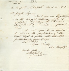 Letter from Asa Burgess to Joseph Lyman