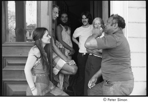 Ram Dass retreat at David McClelland's: Karmu (Edgar Warner), right, speaking with Mary Sharpless McClelland (2nd from right) and others