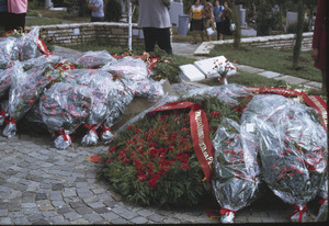 Wreaths at earthquake victims monument