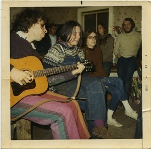 Tom Fels (with guitar), Verandah Porche, Anna (by window), and Michael Curry, Montague Farm Commune