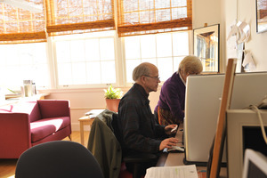 Librarian assisting a researcher, New Salem Public Library