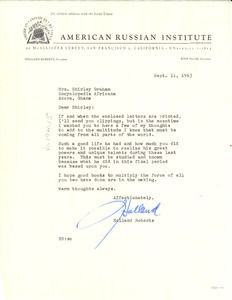 Letter from American Russian Institute to Shirley Graham Du Bois