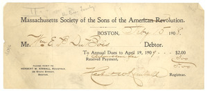 Receipt from the Massachusetts Society of the Sons of the American Revolution