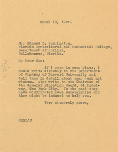 Letter from W. E. B. Du Bois to Edmund D. Washington