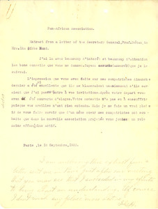 Extract of a letter from the Secretary General, Prof. Beton to Mrs. Ida Gibbs Hunt