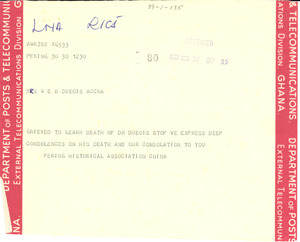 Telegram from Peking Historical Association to Mrs. W. E. B. Du Bois