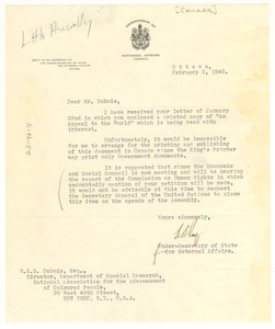 Letter from Canada Under-Secretary of State for External Affairs to W. E. B. Du Bois