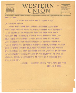 Telegram from Peace Conference of the Asian and Pacific Regions to W. E. B. Du Bois, John A. Kingsbury, and Paul Robeson