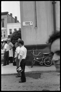 Men standing outside city hall, Main Street, Northampton