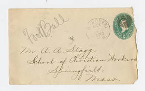 Envelope for letter to Amos Alonzo Stagg from Hanover, New Hampshire dated October 14, 1891