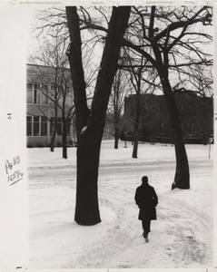 Wintery Scene of Springfield College Campus, Woods Hall, and the Administration Building, ca. 1960