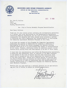 Letter from Lester Eisner, Jr. to Mayor John F. Collins