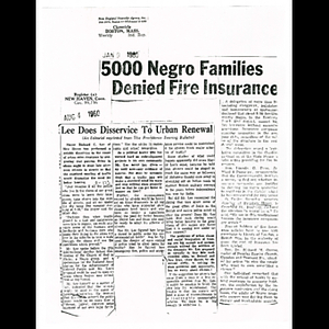 Photocopy of Boston Chronicle article, 5000 negro families denied fire insurance, and Providence Evening Bulletin article reprinted by the New Haven Register, titled, Lee does disservice to urban renewal