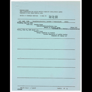 Agenda, minutes and attendance list for Washington Park Steering Committee, Crawsford-Abbotsford-Walnut area and Clergy Committee on Renewal meetings in June 1962