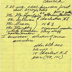 Handwritten minutes for a meeting of the District VII Community District Advisory Council and St. Francis de Sales Church on May 6, 1981