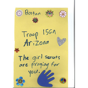 "The Girl Scouts are praying for you" card from a Girl Scout in Casa Grande, Arizona.