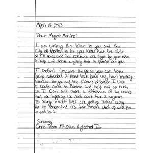 Letter to Boston from a Mount Olive High School student (Mount Olive, Illinois)