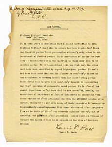 Letter from Louis F. Post to Sacco-Vanzetti Defense Committee, August 16, 1927