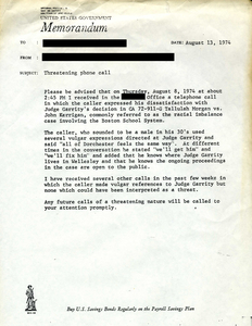 Memorandum regarding threatening phone call, 1974 August 13