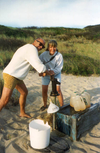 Pumping water at Thalassa's shack