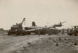 B-24 bomber--nosewheel collapsed on take-off