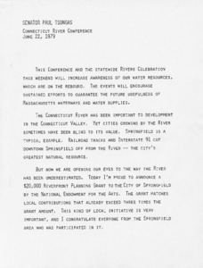 Speech given at the Connecticut River Conference announcing a Riverfront Planning Grant to the City of Springfield and discussing energy issues such as conservation and hydroelectric power