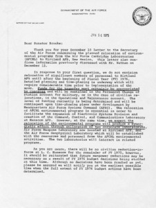 Letter to Senator Edward Brooke from Colonel Hal Howes concerning relocating programs from Cambridge Laboratories to New Mexico