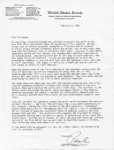 Letter to Colleagues from Paul Tsongas regarding S.J. Res. 87, remembering the Armenian Genocide