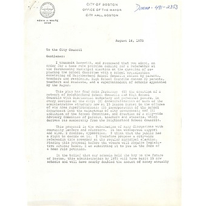 Letter, Boston City Council, August 14, 1973.