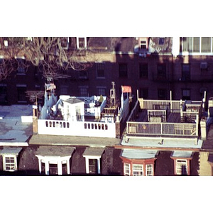 Two rooftop gardens or terraces in winter in Boston's South End.