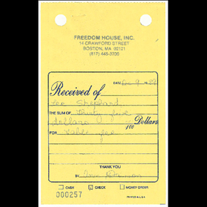 Receipt for Lee's Catering Service and memo to Betty Draper, Janice Crosson, and Ruth Gore about black catering companies file