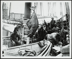 Men on a schooner with fish, Boston, Mass., ca. 1885