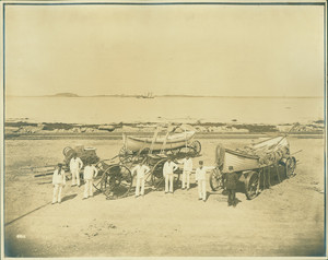 U.S. Life-Saving Station crew on the beach with lifeboats and equipment, Hull, Mass.