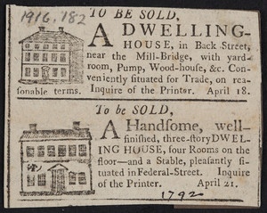 Advertisement for real estate, houses, location unknown, April 1792