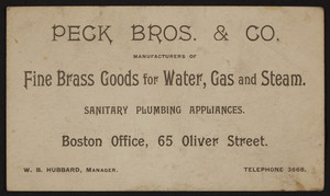 Trade card for Peck Bros. & Co., fine brass goods for water, gas and steam, 65 Oliver Street, Boston, Mass., undated