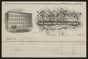 Billhead for Gurnsey Bro's. & Co., manufacturers of Keene Crackers, fancy biscuits & confectionery, Keene, New Hampshire, dated June 13, 1902