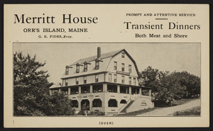 Trade card for the Merritt House, G.E. Fides, proprietor, Route 124, Orr's Island, Maine, undated